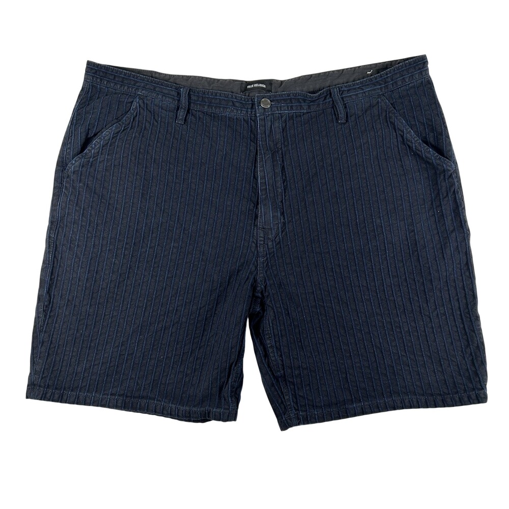 True Religion Shorts Mens 44 Blue Pinstripe Denim Chino Flat Front 8" Inseam